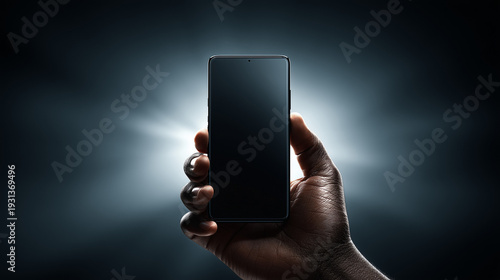 Hand holding modern smartphone with blank screen glowing in dramatic studio lighting perfect for mobile technology advertising, application promotion and digital communication concepts
