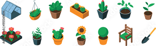 Garden elements collection flat vector set, potted plants greenhouse tools and outdoor furniture icons isolated on white background