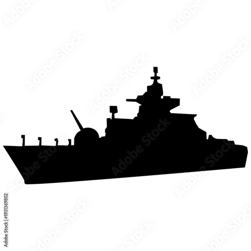 Silhouette of a modern military warship, destroyer or frigate vessel isolated on white background.