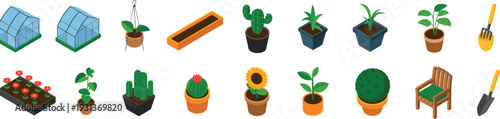 Gardening icon collection flat vector set, greenhouse potted plants flowers tools and outdoor furniture isolated on white background