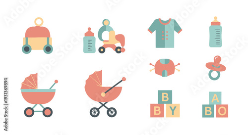 Cute baby essentials and accessories flat icon set.