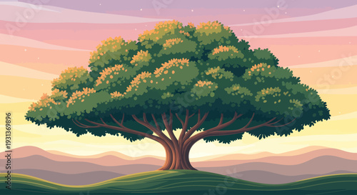 A majestic tree stands tall against a vibrant sunset sky.