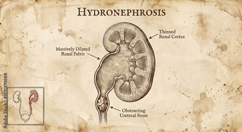 Obraz premium Vintage Hydronephrosis Diagram - Kidney Anatomy, Medical Illustration, Urological Condition.