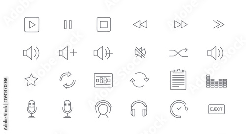 Collection of modern line art audio and media control icons.