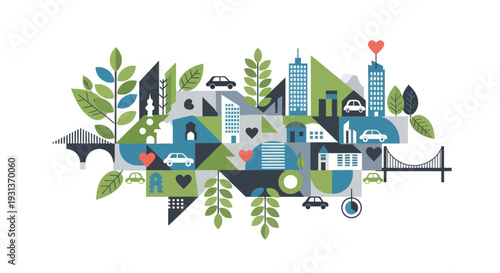 Abstract eco-friendly cityscape with cars and nature elements.