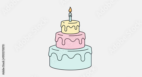 A simple three-tier birthday cake with a single lit candle.