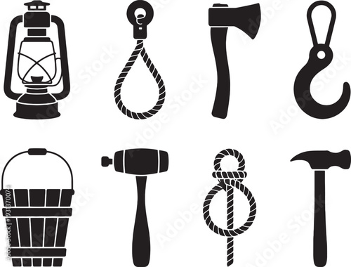 Black and white of tools and lantern noose hook bucket