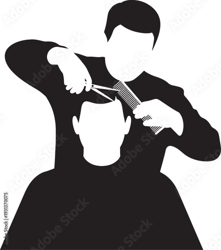 Black and white of a barber cutting a mans hair haircut scissors comb