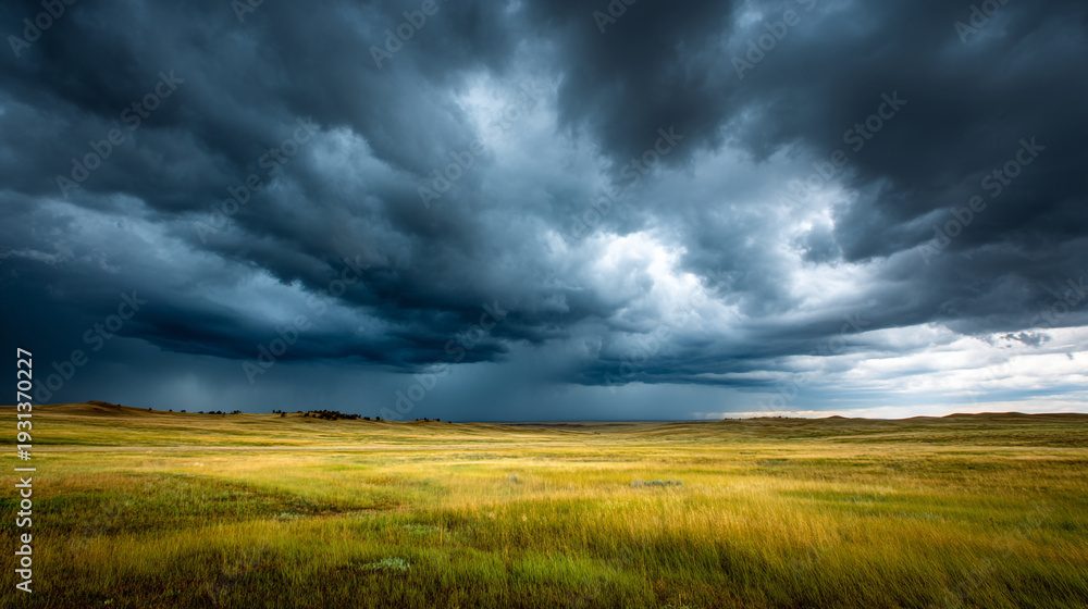Obraz premium Dramatic storm clouds gather over a golden grassland prairie landscape