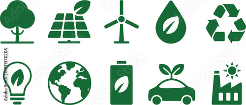 Green renewable energy and sustainability icon set including solar panel wind turbine recycling symbol eco car battery globe factory and tree vector illustration