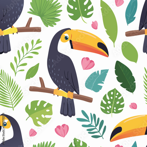 Seamless pattern with toucan birds and tropical jungle leaves on white background