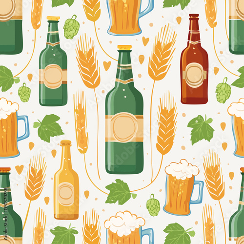 Beer Bottles and Mugs Seamless Pattern with Hops and Wheat Illustration