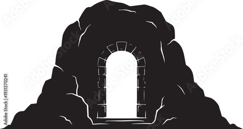 Cave entrance with stone archway and rocky exterior illustration