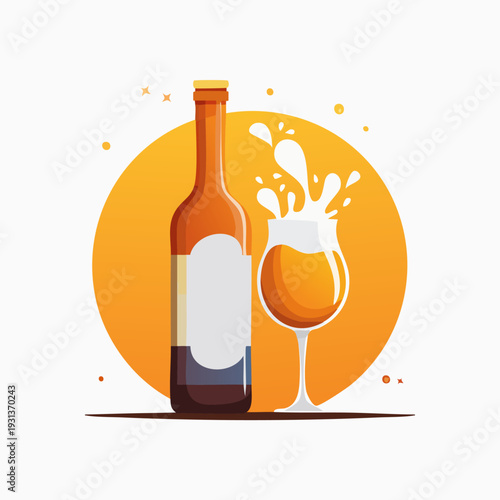Refreshing drink splash with a bottle and a glass on an orange background.