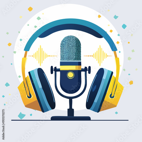 Professional podcasting setup with headphones and studio microphone.