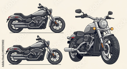 Three detailed illustrations of custom cruiser motorcycles.
