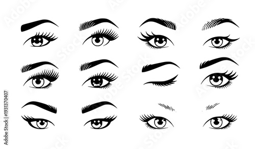Cute Female Eye Vector Collection with Diverse Eyelashes and Eyebrows