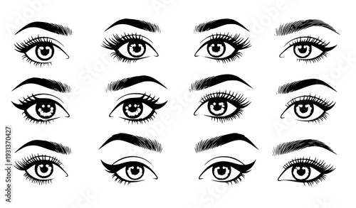 :
Vector Set of Female Eyes with Unique Eyelashes and Eyebrows on White Background