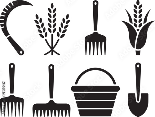 Black silhouettes of farming tools and wheat agriculture gardening
