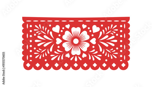 Papel Picado Mexican Folk Art Banner with Floral and Heart Cutout Design Traditional Decorative Red Bunting for Festive Celebrations
