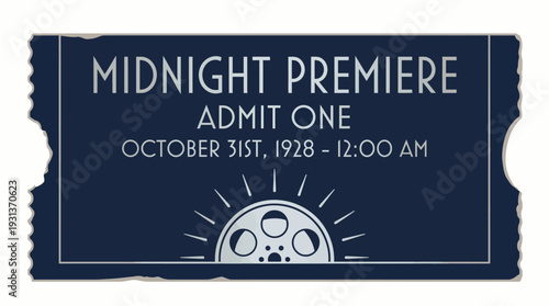 Vintage Midnight Premiere Cinema Ticket Vector Illustration Retro Art Deco Admit One Movie Pass with Film Reel Icon