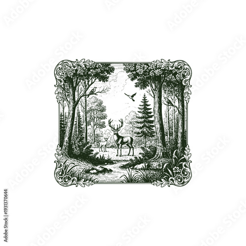 Vintage hand drawn engraving of a majestic stag and fawn in a lush forest landscape with birds and an ornate decorative frame.