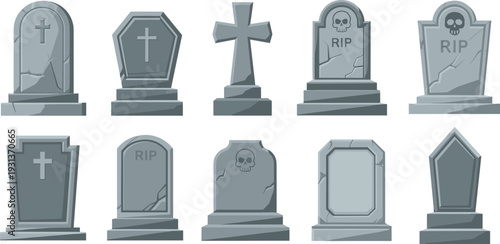 Halloween tombstone and graveyard headstone collection with cross skull and RIP inscriptions isolated on white background flat vector illustration set