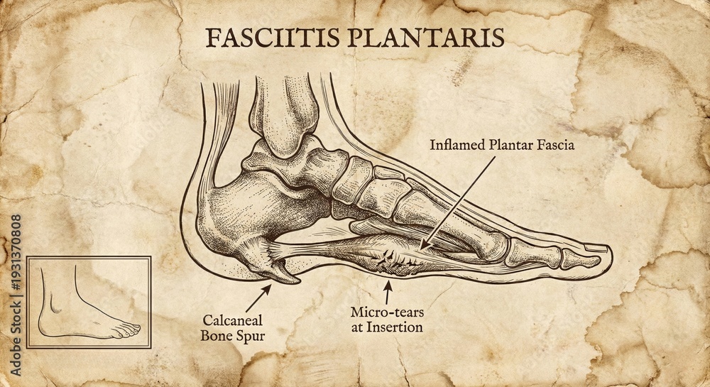 Obraz premium Vintage Medical Illustration Plantar Fasciitis Foot Pain Diagnosis.
