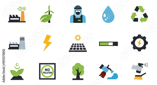 Collection of environmental and energy icons in flat design style.
