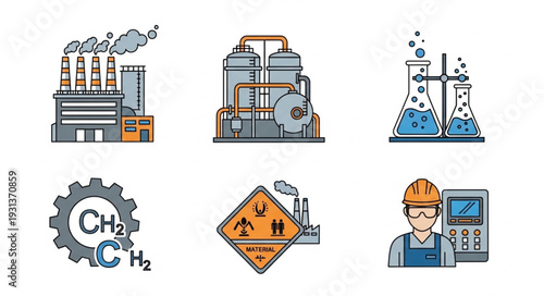 Industrial Icons Representing Manufacturing and Science.