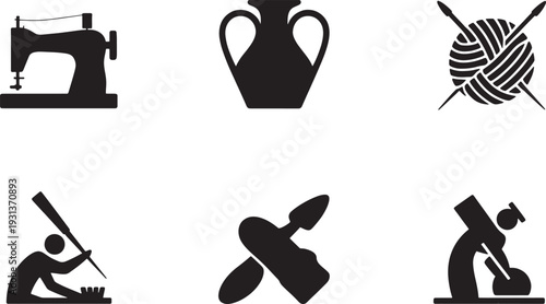 Black silhouettes of sewing machine vase yarn ball knitting needles painter airplane person with oar and shovel
