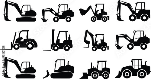 Heavy construction equipment silhouette collection with excavator loader forklift bulldozer and backhoe isolated on white background industrial machinery vector set