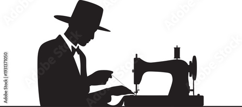 Man in suit and hat threading sewing machine silhouette