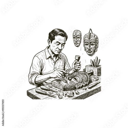 Detailed engraving style illustration of an Asian artisan carving a traditional wooden mask using specialized hand tools in a workshop.