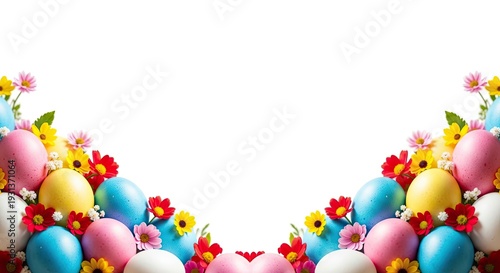 Easter eggs and flowers border colorful easter decoration and celebration