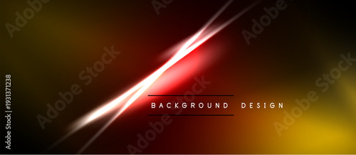 Abstract background features vibrant red light streaks over dark gold, black gradients. Minimalist design with text elements present.