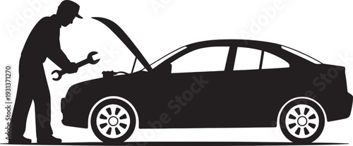 Silhouette of mechanic with wrench checking car engine vehicle black
