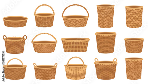 Wicker Baskets Collection Vector Illustration Set with Various Shapes and Sizes Isolated on White Background