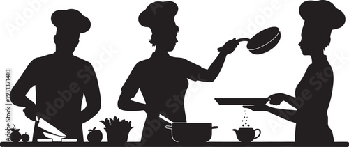 Three black silhouettes of chefs cooking with kitchen utensils and ingredients