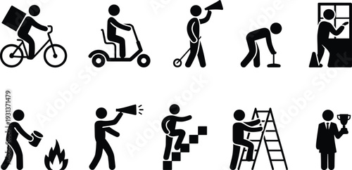 Human activity silhouette icon set with delivery worker cleaner speaker cyclist and business person isolated on white background black vector symbols
