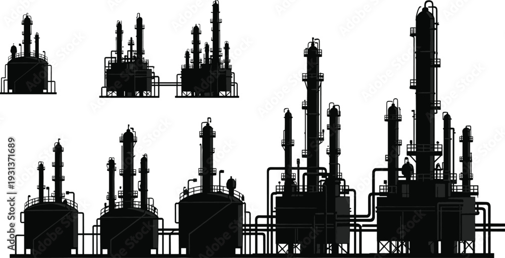 Obraz premium Industrial oil refinery and petrochemical plant silhouette collection with storage tanks distillation towers and pipelines vector illustration isolated on white background
