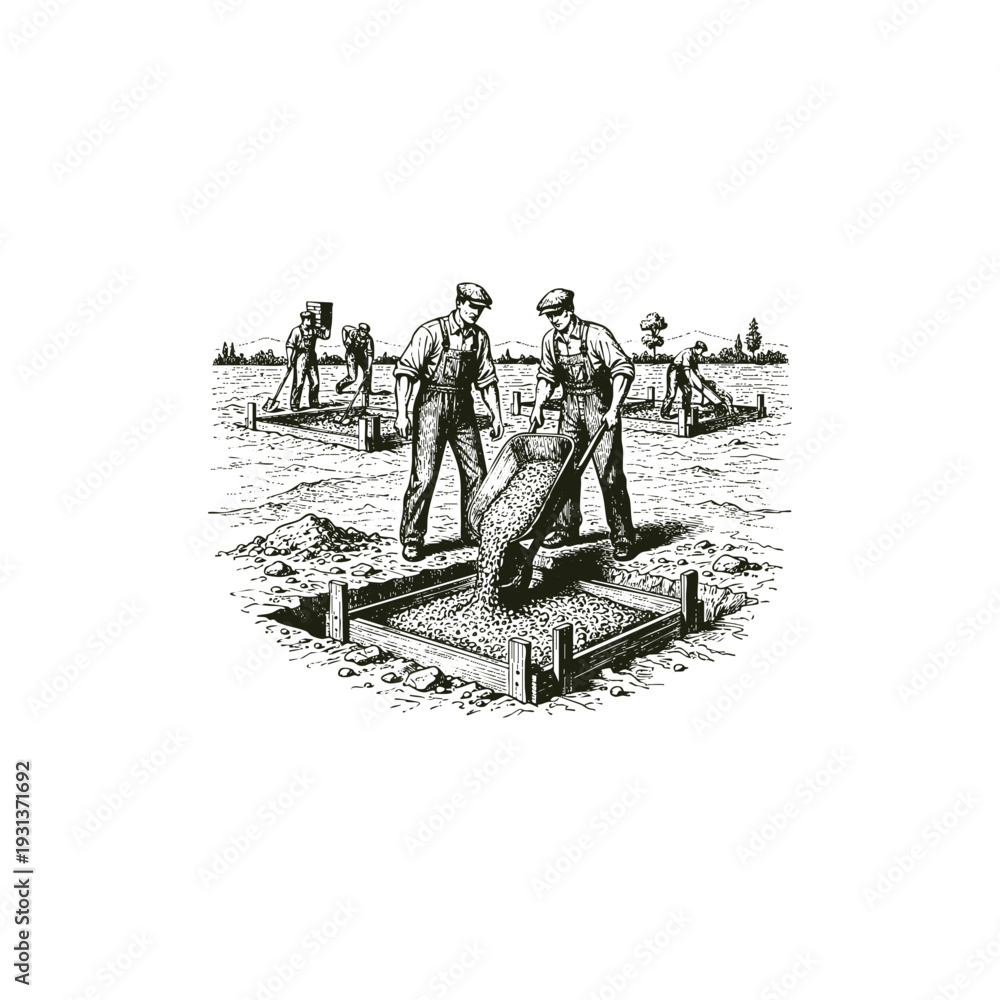 Obraz premium Vintage hand drawn engraving of construction workers pouring concrete into a foundation using a wheelbarrow at a building site.