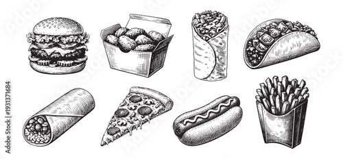 Fast food vector sketch set