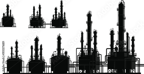Industrial oil refinery and petrochemical plant silhouette collection with storage tanks distillation towers and pipelines vector illustration isolated on white background
