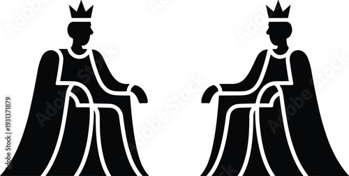 King silhouette icon set with crowned monarch sitting on throne isolated on white background black vector illustration