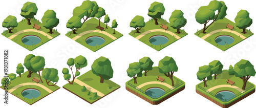 Isometric vector illustrations of stylized park scenes with benches, ponds, pathways, trees, and fences for landscape and design themes.