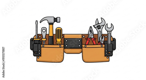 Brown leather tool belt with various tools hammer pliers screwdrivers and wrenches for diy and repair work