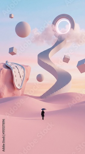 Wallpaper Mural Solitary figure with umbrella in a surreal pastel desert with a melting clock and winding stairs Torontodigital.ca