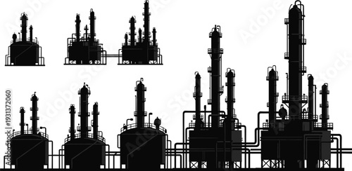 Oil refinery and petrochemical industrial plant silhouette set factory towers storage tanks and pipelines vector illustration isolated on white background