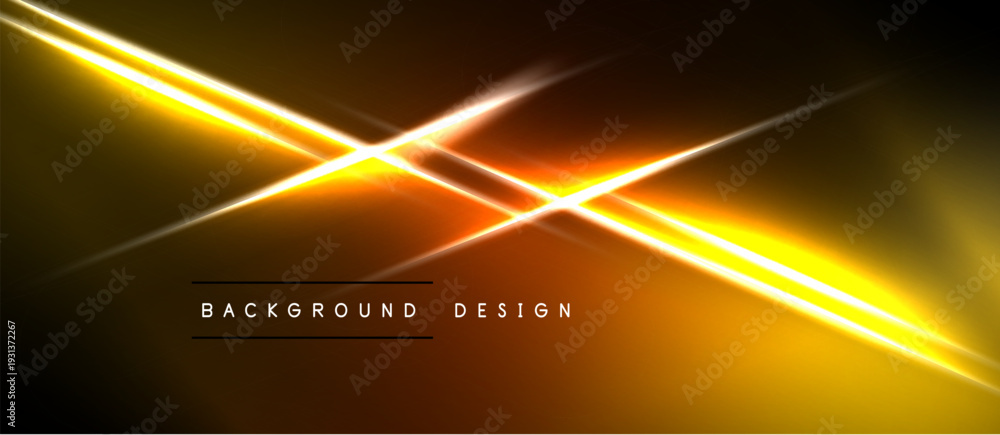 Naklejka premium Dynamic golden lines intersect dark backdrop. Bright energy radiates from central point, creating modern visual effect.